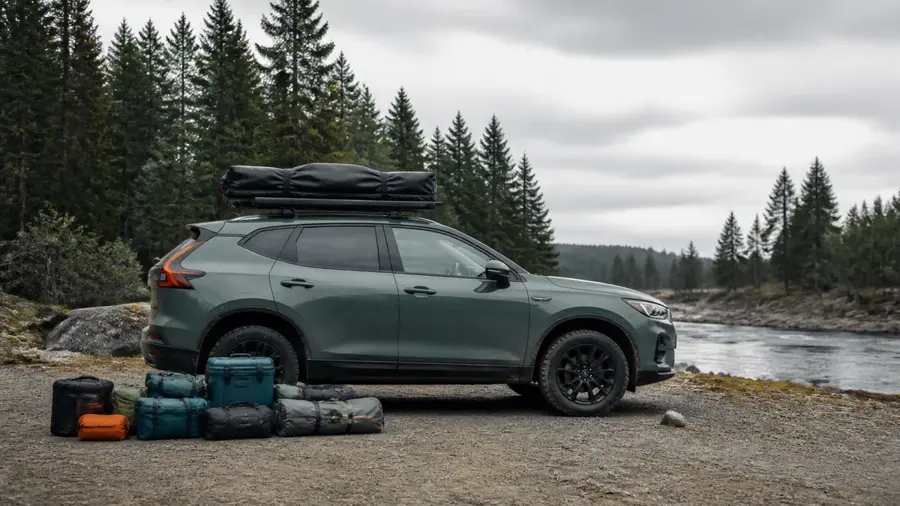Bil med hopfällt taktält och campingpackning vid en sjö