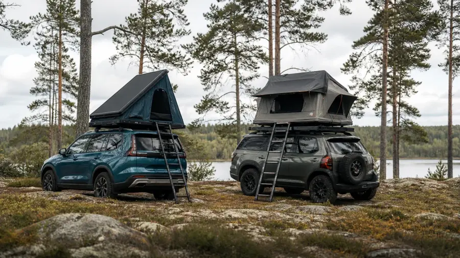 Taktält med hårt och mjukt skal på två bilar i skogen