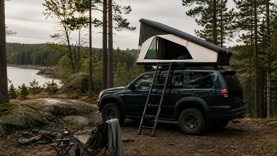 Kilformat taktält med hårt skal öppnat på en terrängbil
